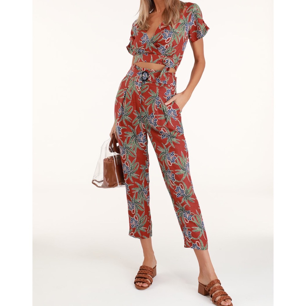 Lulus Red Floral Print Top & Belted Trouser Pants